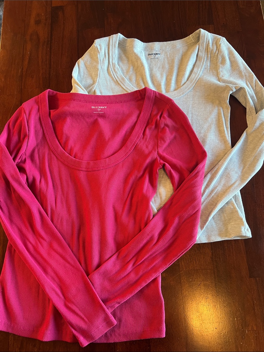 Two Old Navy Long Sleeve Scoop Neck Tops - Hot Pink and Grey